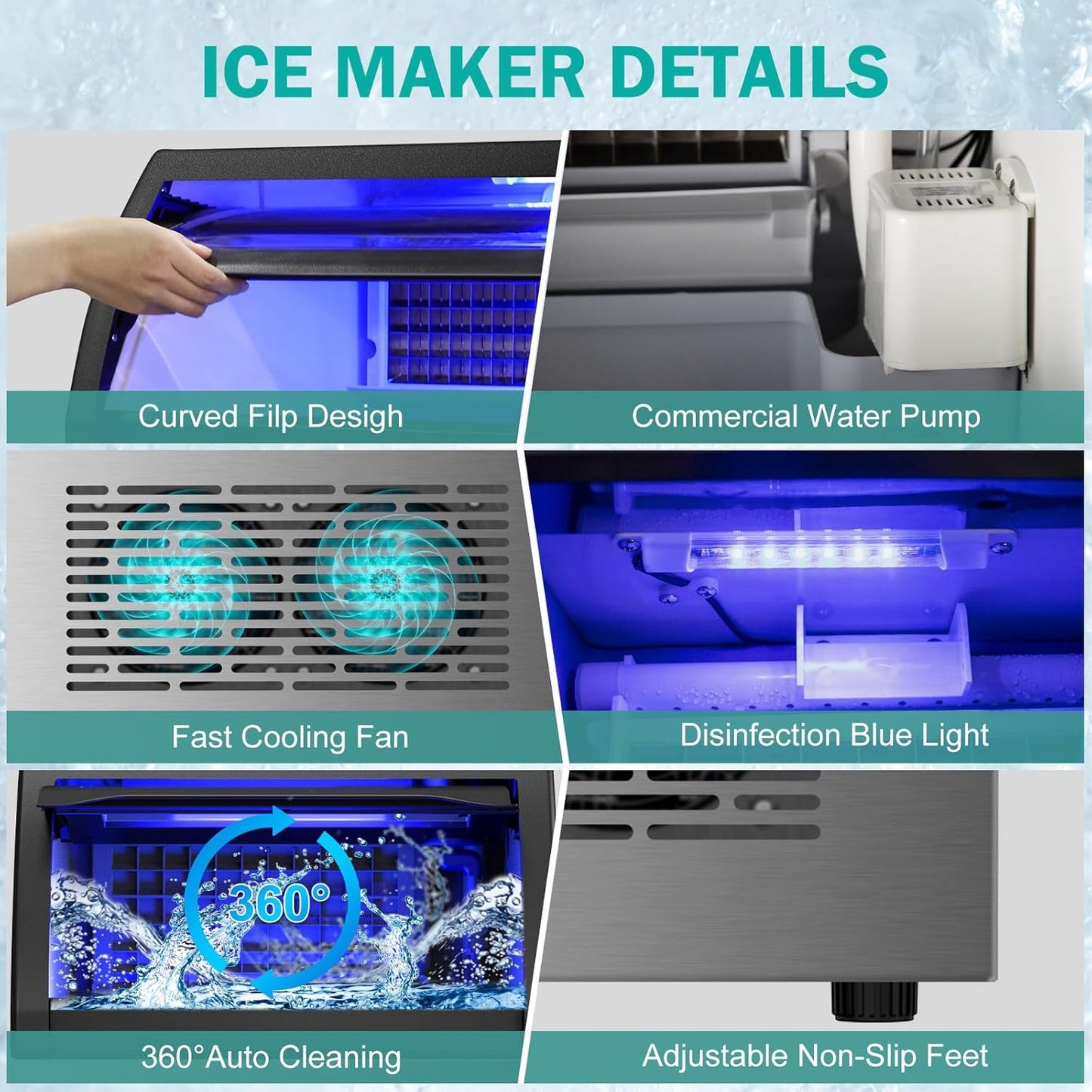 Commercial Ice Maker Machine, 150lbs/24H with 45Lbs Storage Bin, 55Pcs Ice Cubes 8Mins, Tap Add Water Freestanding Ice Maker Commercial for Home Bar Office