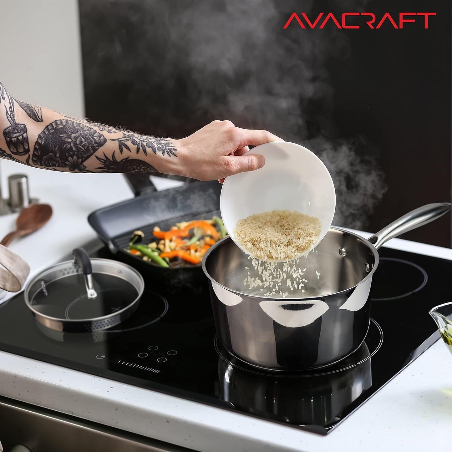 AVACRAFT Stainless Steel Saucepan with Glass Strainer Lid, Two Side Spouts for Easy Pour with Ergonomic Handle, Multipurpose Sauce Pot (5-Ply Capsule Bottom, 3.5 Quart)