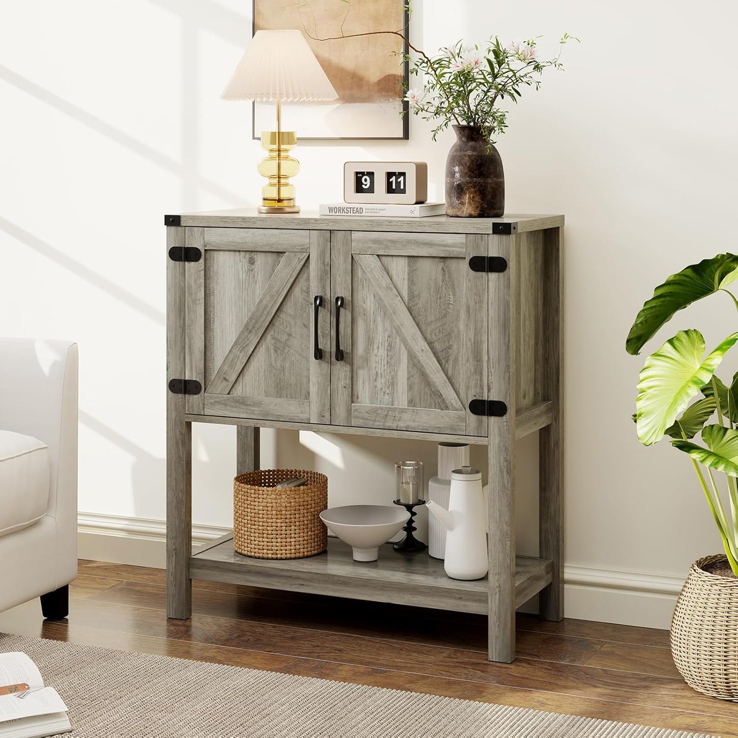 Console Table with 2-Door Cabinet Coffee Bar Cabinet Sofa Table,Entryway Table with Storage, Farmhouse Buffet Sideboard (Grey)