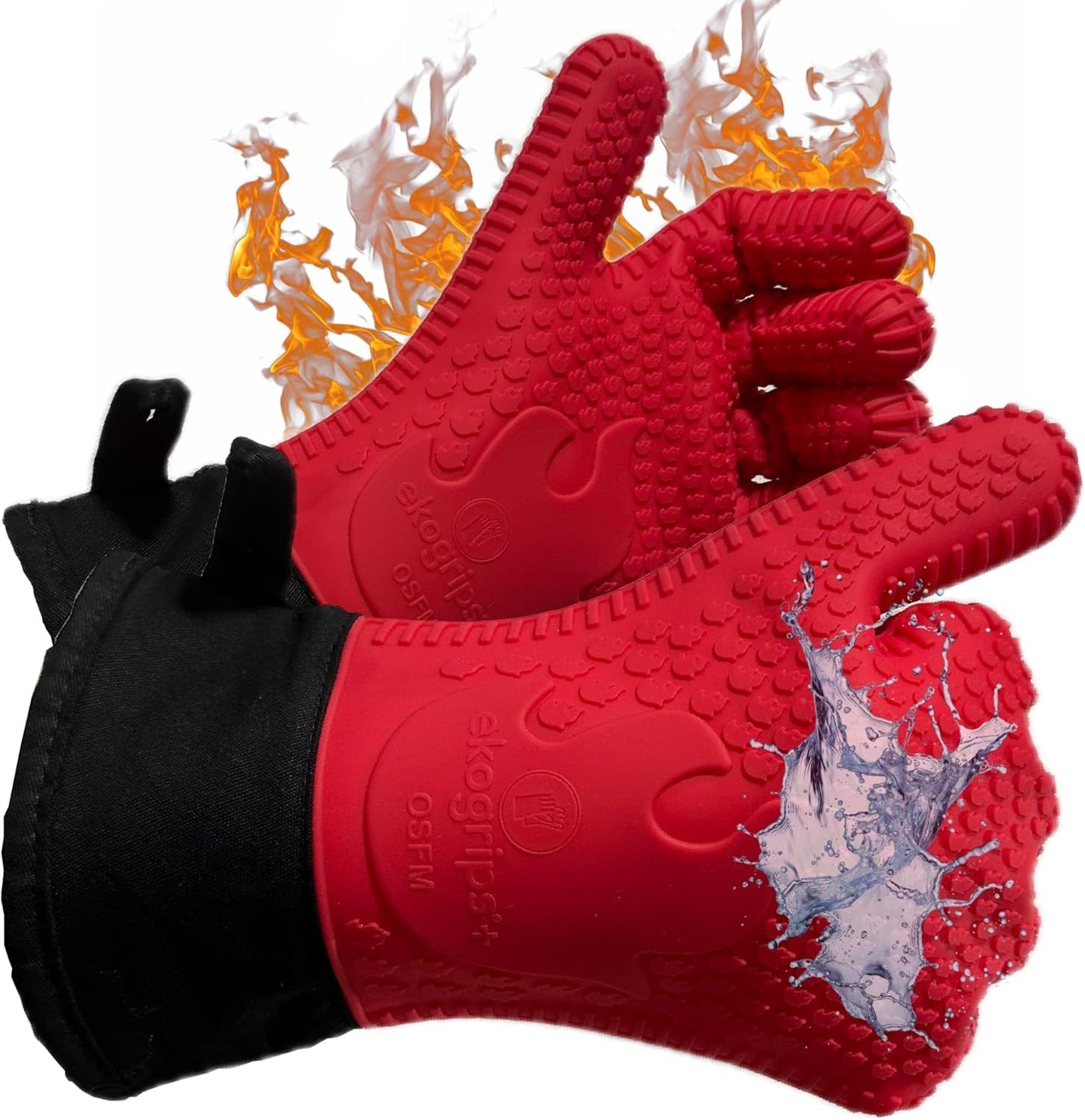 Ekogrips+ Premium Silicone Oven Mitts - Comfy, Waterproof, Heat Resistant BBQ Gloves for Grilling, Long Cuff for Added Protection, 5 Finger Dexterity, 3 Sizes, 4 Colors, L/XL, Red