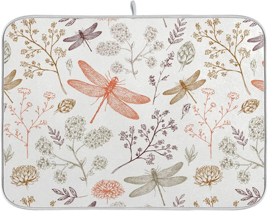 Dragonfly Botanical Plant Dish Drying Mat for Kitchen Counter Absorbent Microfiber Drying Pad, Large 18x24 in, Reversible Drainer Mats