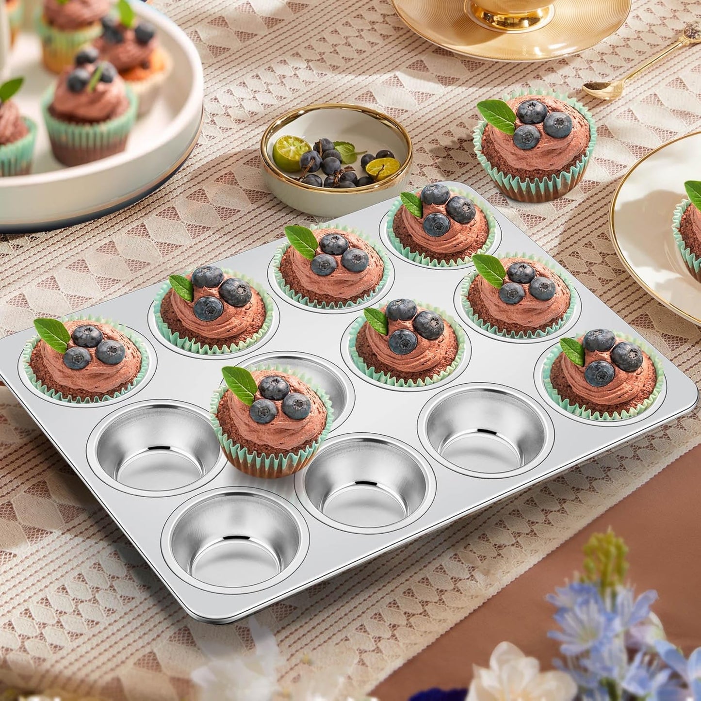 Homikit 3 Pack Muffin Pan, Stainless Steel Cupcake Tin with 12 Cups Regular Size, 13.8" x 10.4" Nonstick Metal Egg Bites Tray for Oven Baking, Non Toxic & Rust Free, Easy Release & Dishwasher Safe