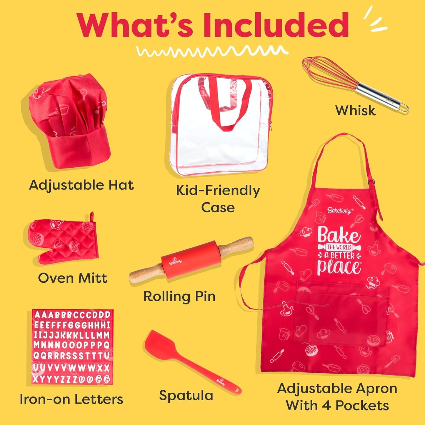 Baketivity Kids Chef Hat and Apron Set for Boys & Girls - One Size Fits All (Adjustable) - Premium, Washable Apron and Hat Set for Cooking - Young Chefs & Junior Bakers Chef Outfit for Kids