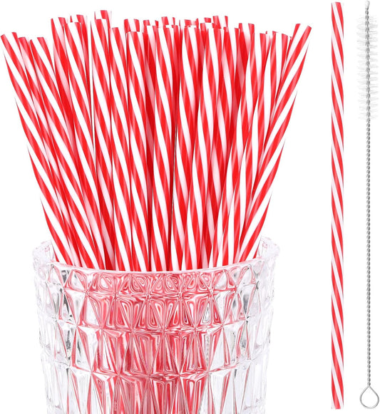 JANYUN 30 Pcs Christmas Straws Plastic, Reusable Red and White Striped Straws 9 Inch Xmas Hard Plastic Drinking Straws with Cleaning Brush for Holiday Christmas Party Favors Supplies Table Decoration