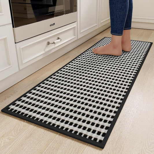 Kitchen Rugs Non Slip Washable, Rubber Backing Soft Chenille Braided Kitchen Mats for Floor, Super Absorbent Kitchen Runner Rug Standing Mat Sink Mat, Easy to Clean, Black 17"x47"