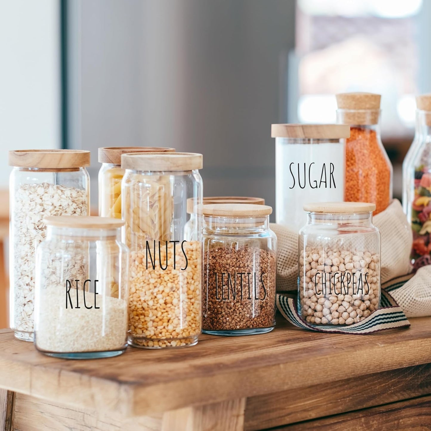 Hygge & Sage Pantry Labels for Containers Preprinted - 192 Waterproof Labels, Durable, Removable Kitchen Stickers, Clear With Black Print, Perfect for Use On Basket Labels, in Pantry, and Refrigerator