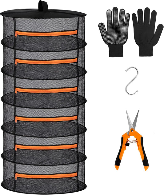 Desy & Feeci Herb Drying Rack-2ft Diameter 6 Layer Folding Mesh Hanging Basket Dryer Net with Zippers for Seeds Flowers Buds Plants Garden Outdoor Bumper Harvest(D24xH47 inch)