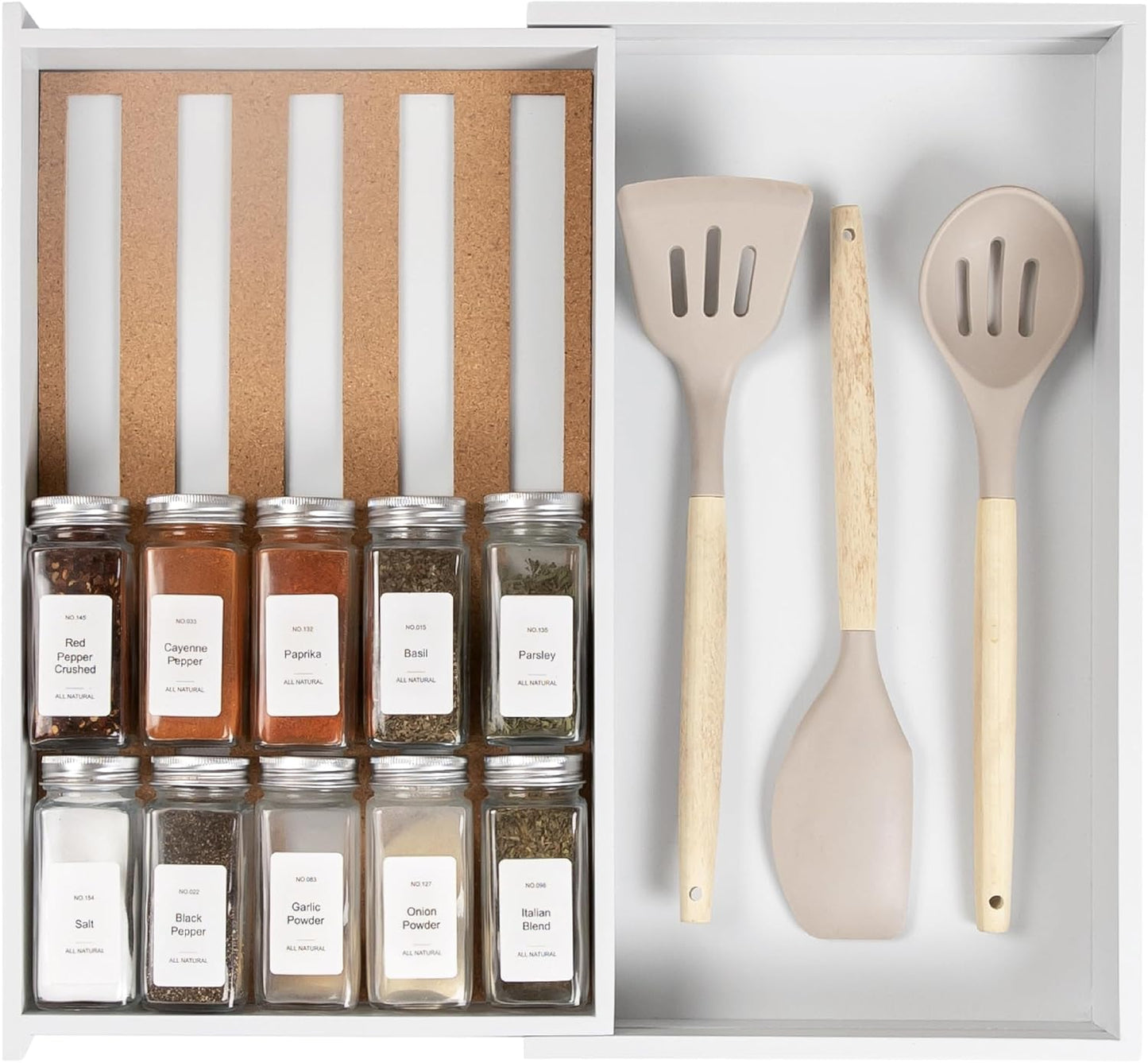 KitchenEdge Spice Drawer Organizer with Expandable Storage. Holds up to 15 Spice Jars (Not Included), Non-Slip Feet, Kitchen Accessory Storage, 100% Sustainable Bamboo Wood (White Bamboo)