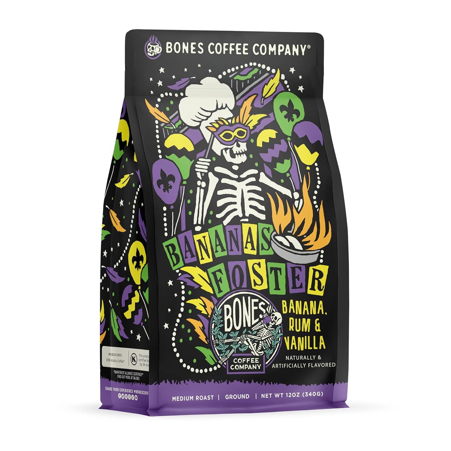 Bones Coffee Company Bananas Foster, Banana, Rum and Vanilla Flavored Coffee, Medium Roast Low Acid Arabica Beans Compatible with Auto drip and French Press Coffee Maker, 12 Oz Ground
