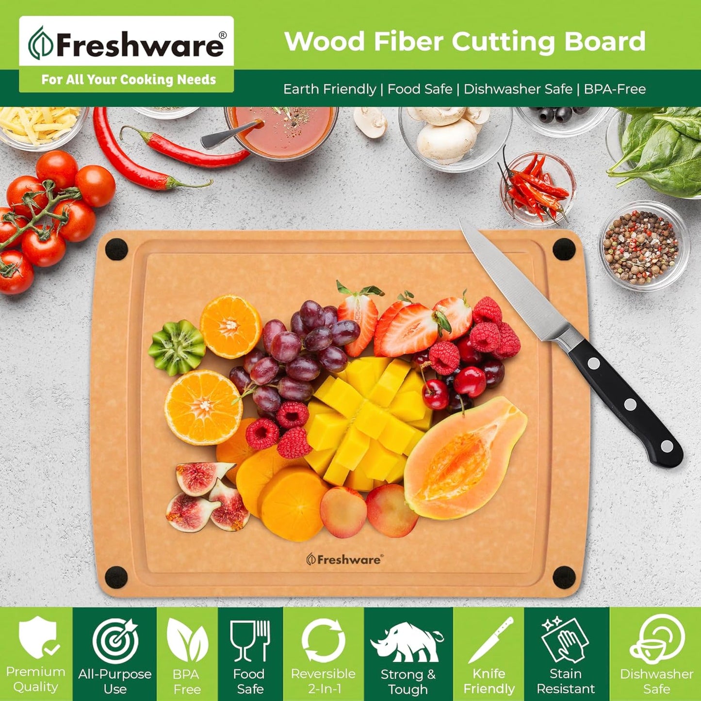 Freshware Wood Cutting Board for Kitchen, Juice Groove, Non-Slip Silicone Feet, Dishwasher Safe, 2X Large, 20" x 14", Natural