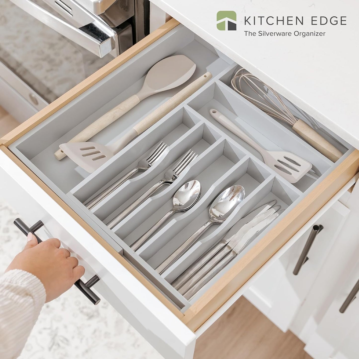KitchenEdge Premium Silverware, Flatware and Utensil Organizer for Kitchen Drawers, Food-Safe Contract Grade, Expandable from 10.5 to 19 In, Gray Bamboo