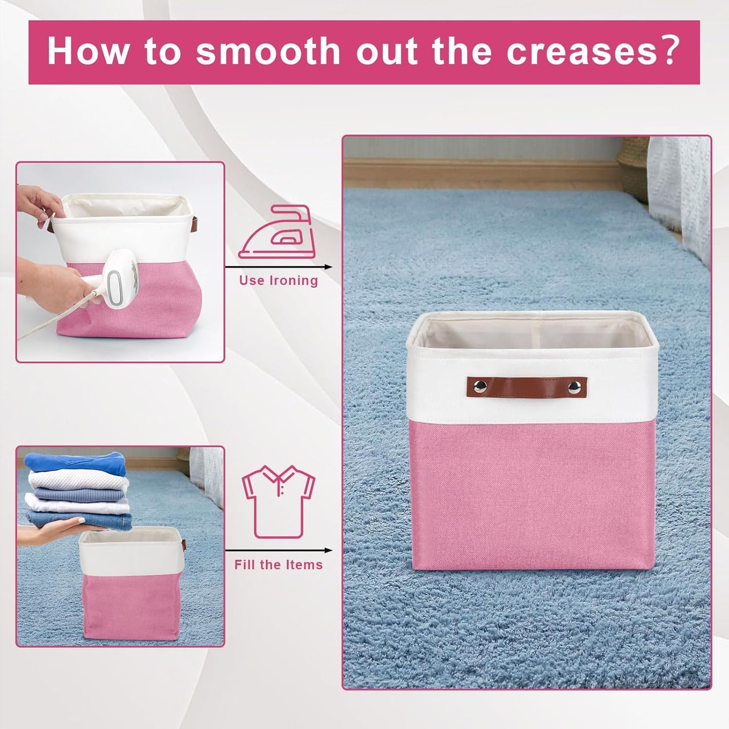 Collapsible Fabric Storage Cubes 11x11 Cube Storage Bins, 4 Pack Closet Baskets Box with Handles for Organizing, Shelf, Toys, Clothes, Home, Office, Nursery (Pink&White)