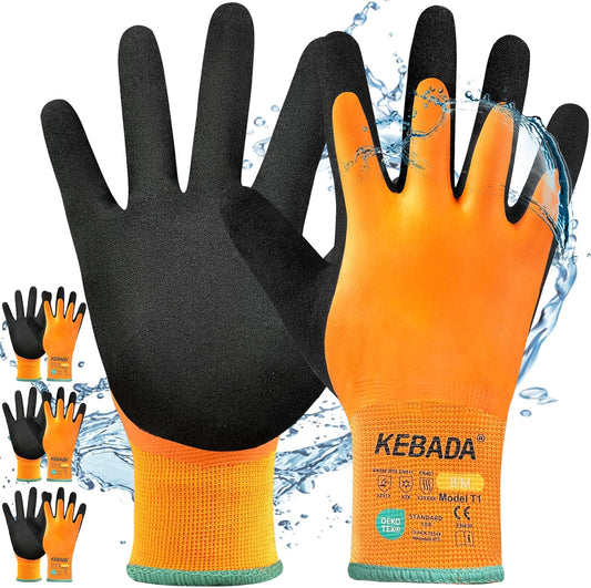 Kebada T1 3 Pairs Waterproof Winter Work Gloves for Men and Women, Warm Work Gloves for Cold Weather, Thermal Insulated Freezer Gloves, 100% Latex Coating & Super Grip, Unisex, Medium