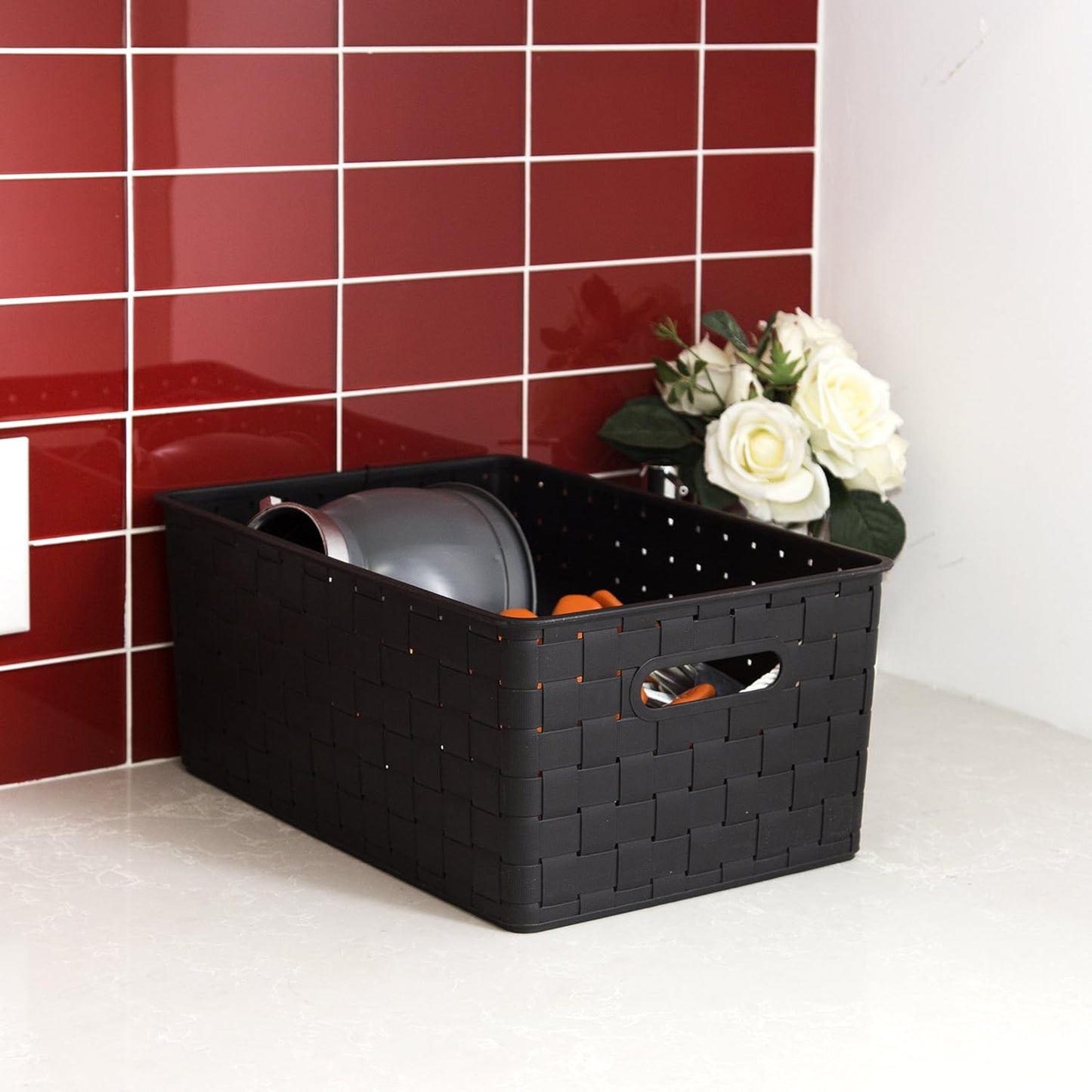 BINO | Plastic Basket, Large - Black | 3 Pack | THE STABLE COLLECTION | Multi-Use Storage Basket | Rectangular Cabinet Organizer | Home & Office Storage Organizer | Baskets for Bathroom Organizing