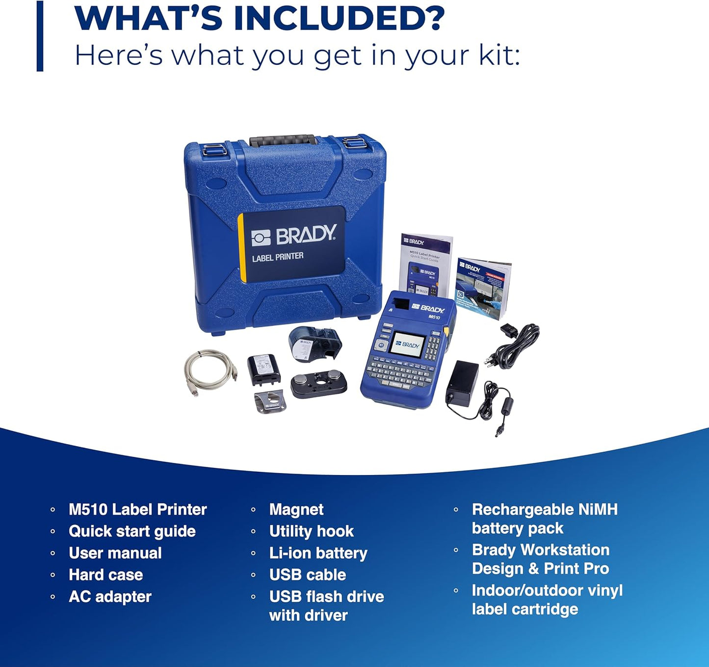 Brady M510 Portable Industrial Label Printer Kit with Laboratory ID Software, Carrying Case, Label Cartridge, Rechargeable Battery and Charger, 3.75" H x 5.75" W x 10" D