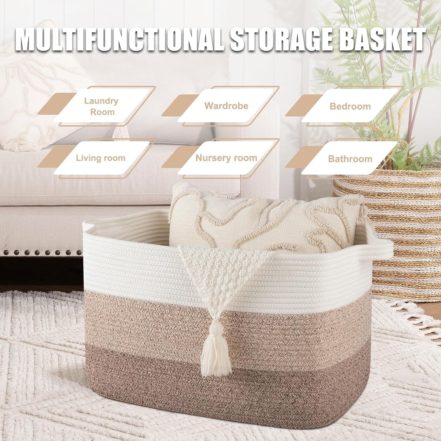 65L Large Storage Basket, Cotton Rope Woven Blanket Basket, Toy Storage for Baby Room, Living Room, Gradient Yellow