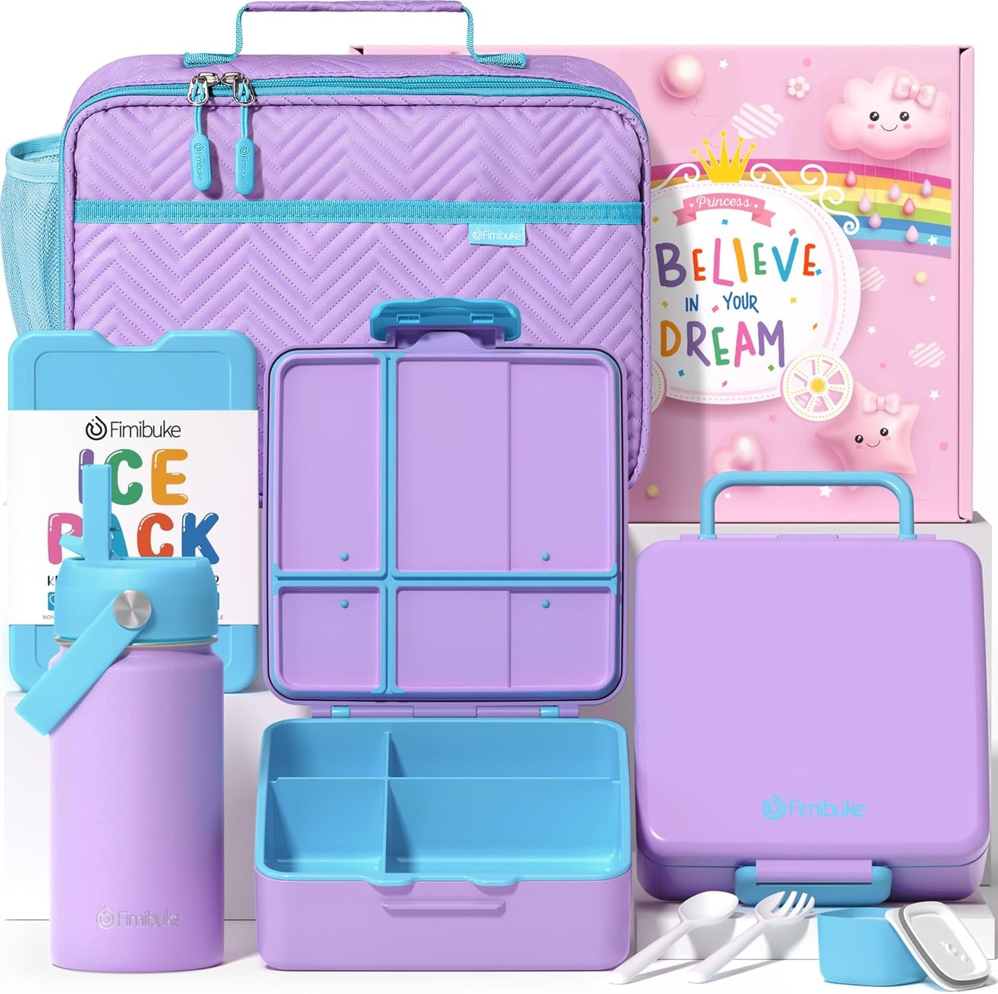 Fimibuke Kids Bento Lunch Box with 4 Compartments, Insulated lunch Bag, Stainless Steel Insulated Water Bottle, Ice Pack & Utensils Set, Birthday Gifts for Ages 3-12 Back to School Toddler Girls Boys