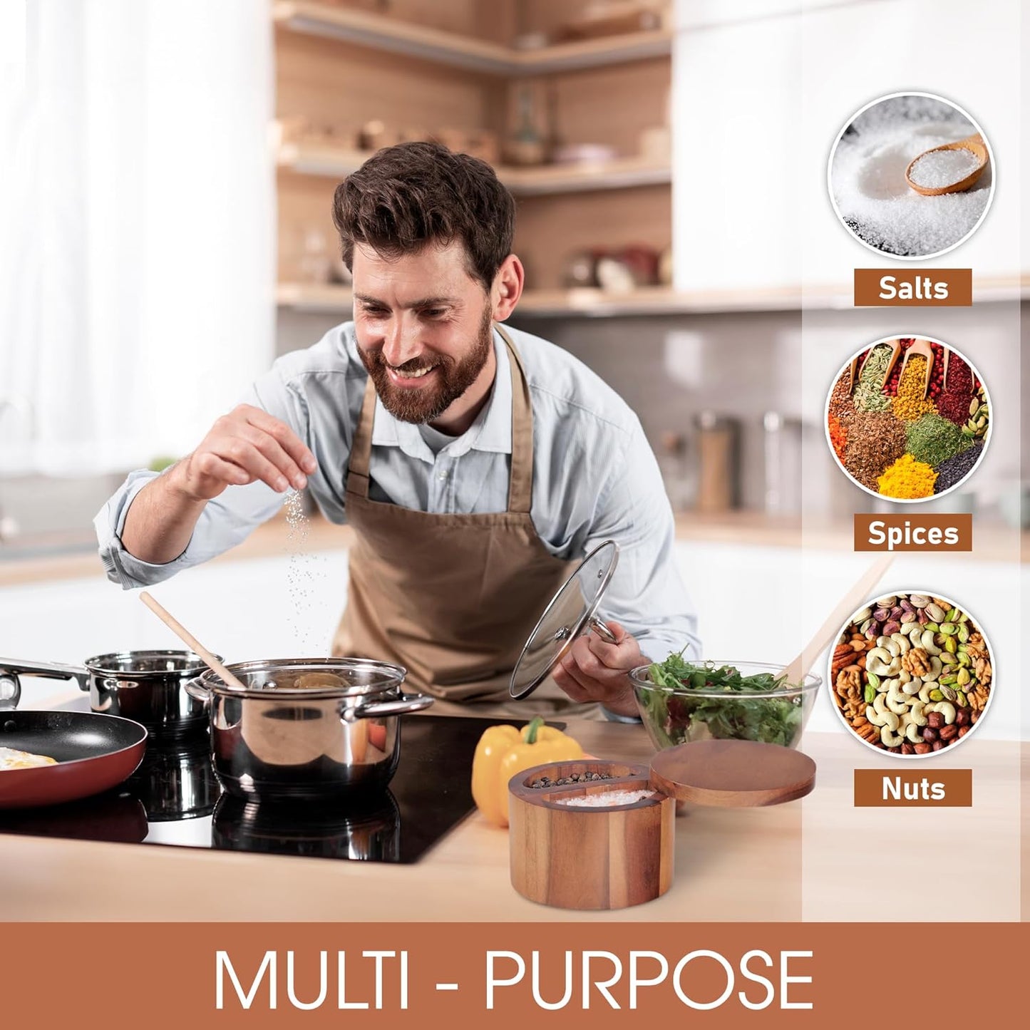 Demigo Duet Salt Cellar, 7.5 Ounces Acacia Salt Keeper Box with Two Compartments Secured by Magnetic & Swivel Lid, Spice Container for Kitchen Countertop Storing Pepper Oregano Powder Cinnamon