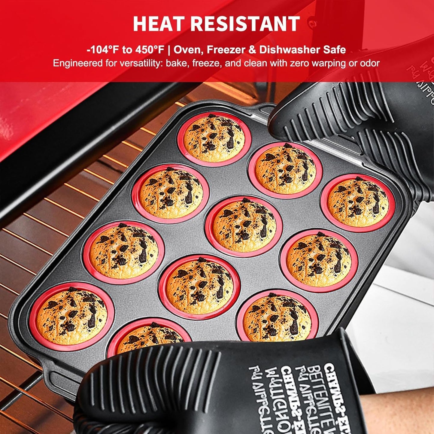 Silicone Muffin Pan with Metal Frame, Egg Bite Maker Silicone Molds for Baking, Cupcake Pans 12 Regular Size, Muffin Tins Easy to Pop Nonstick Non Toxic Bakeware for Oven (Red-6)