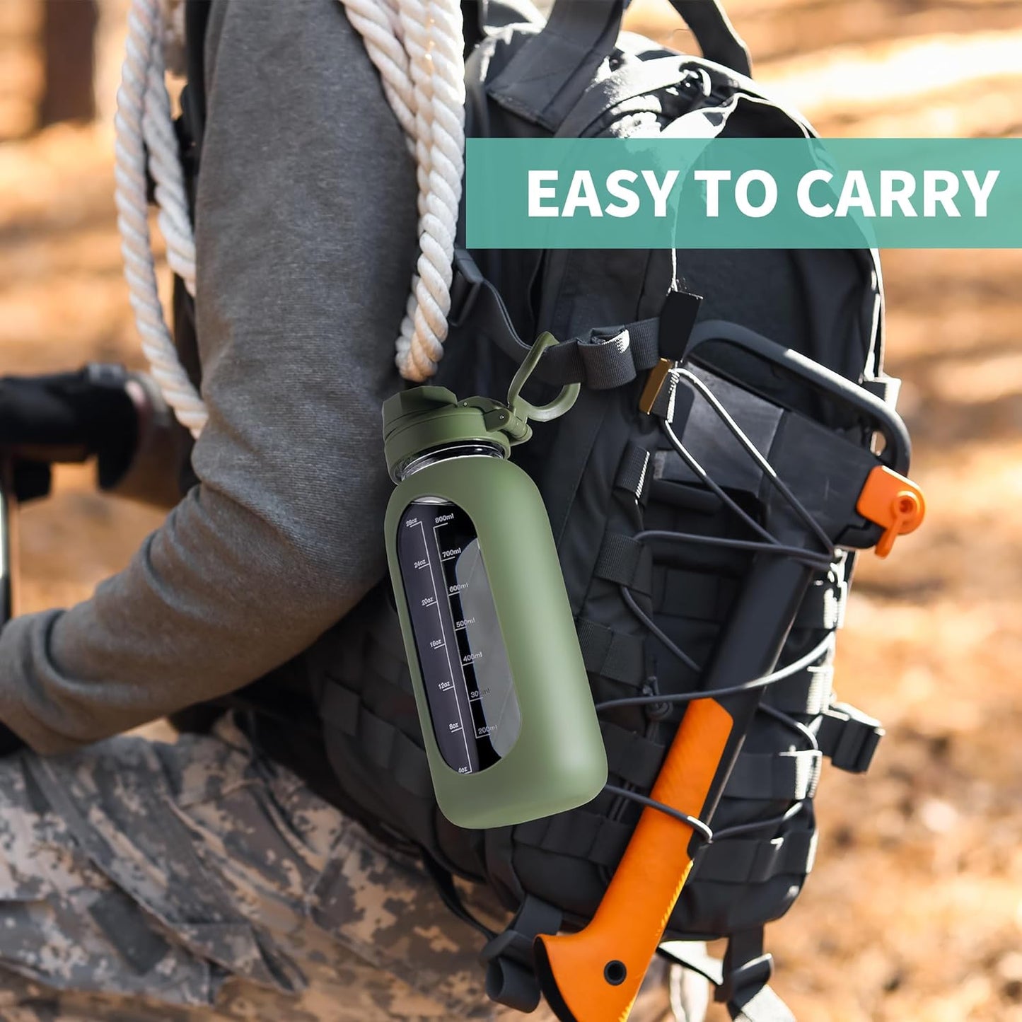 CIVAGO 64 oz Glass Water Bottle Jug with Straw and Handle, Half Gallon Sports Motivational Water Bottle with Time Marker, Wide Mouth Water Flask Canteen with Silicone Sleeve for Gym,Camelia