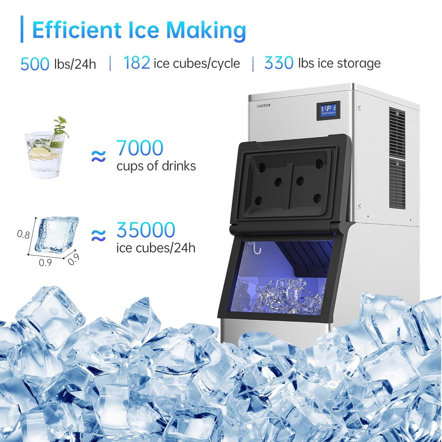 Commercial Ice Maker Machine, 500 lbs /24 h, 330 lbs Storage Bin, Stainless Steel, Automatic Cleaning, Blue Ray, Perfect for Bar or Business, Includes Ice Shovel, Connection Hose