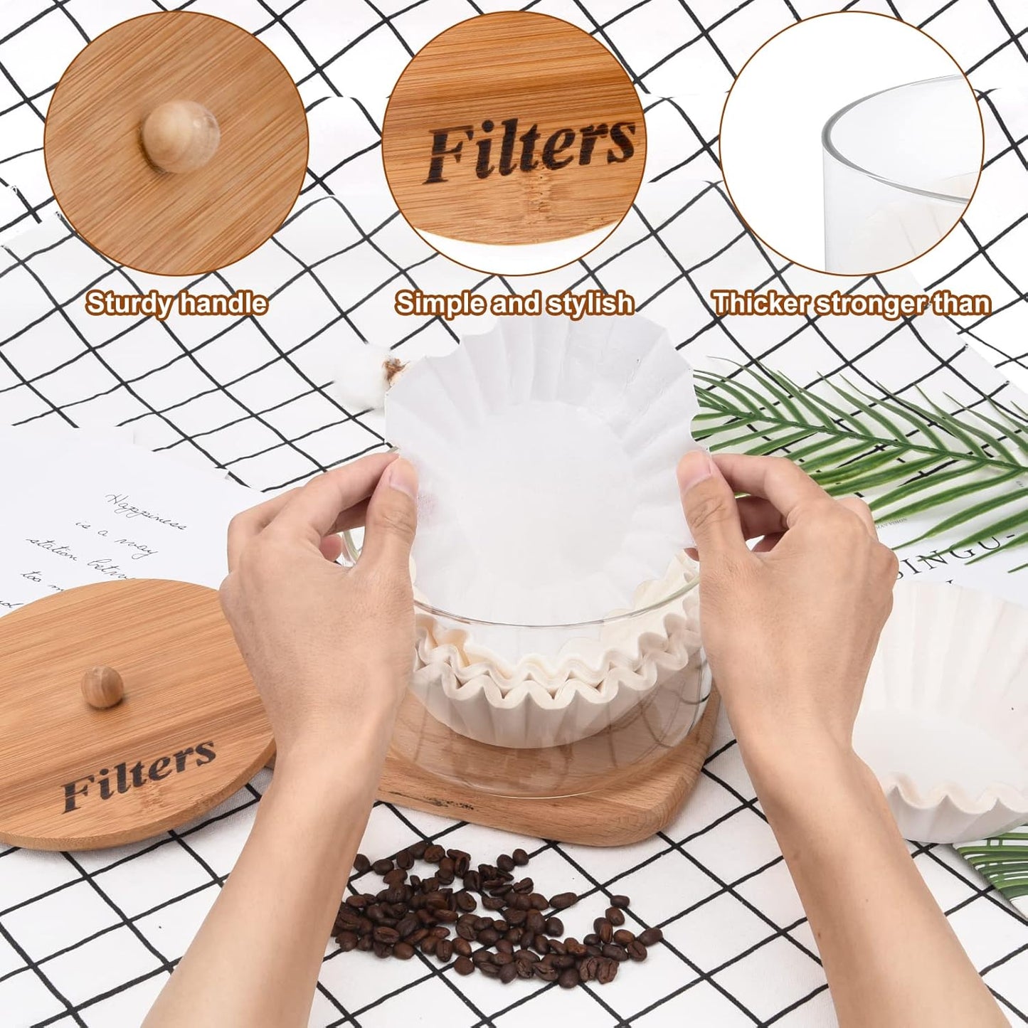 Coffee Filter Holder with Lid,Glass Coffee Filter Storage Container,Coffee Filter Dispenser,Rustic Coffee Filter Organizer Basket,Coffee Filter Container for Counter, Coffee Bar Accessories Decor