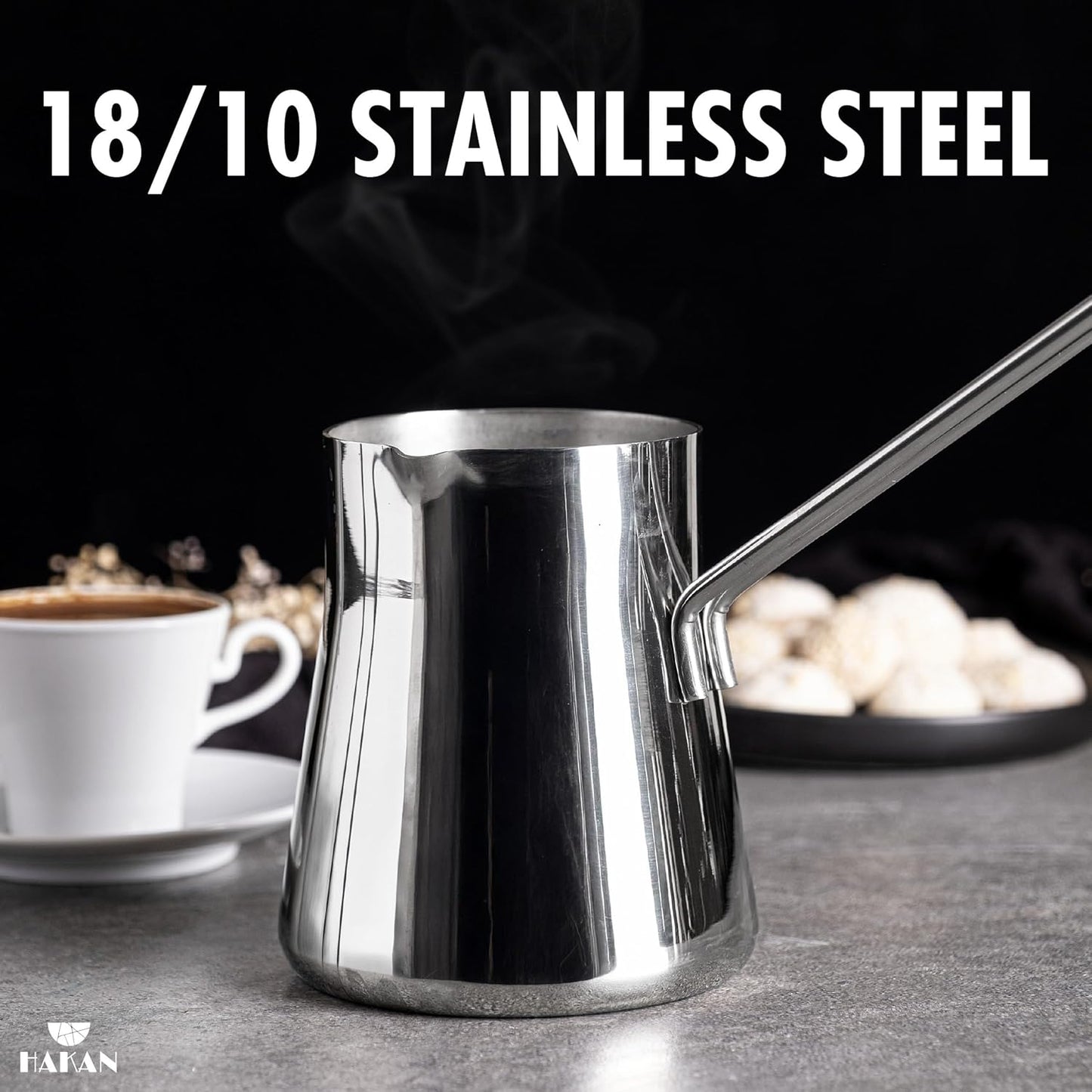 Hakan Topkapı Stainless Steel Turkish Coffee Pot, Greek Arabic Coffee Maker with Spout, Stove Top Coffee Maker in Box, Milk Warmer with Handle, Chai Pot Cezve, Ibrik, Briki (Large - 20.2 oz)