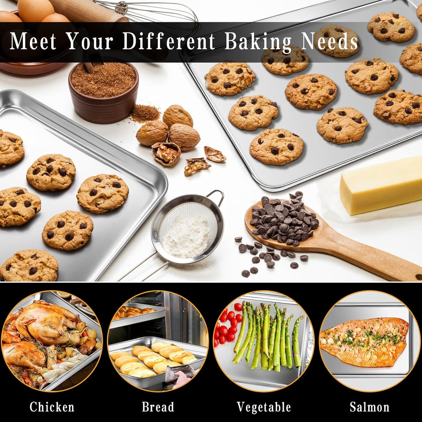 Stainless Steel Baking Sheet Set, 2 Pcs Quarter Cookie Sheet Pan Baking Trays for Oven, Non Stick and Heavy Duty and Easy Clean, 12.4 x 9.6 x 1 Inch