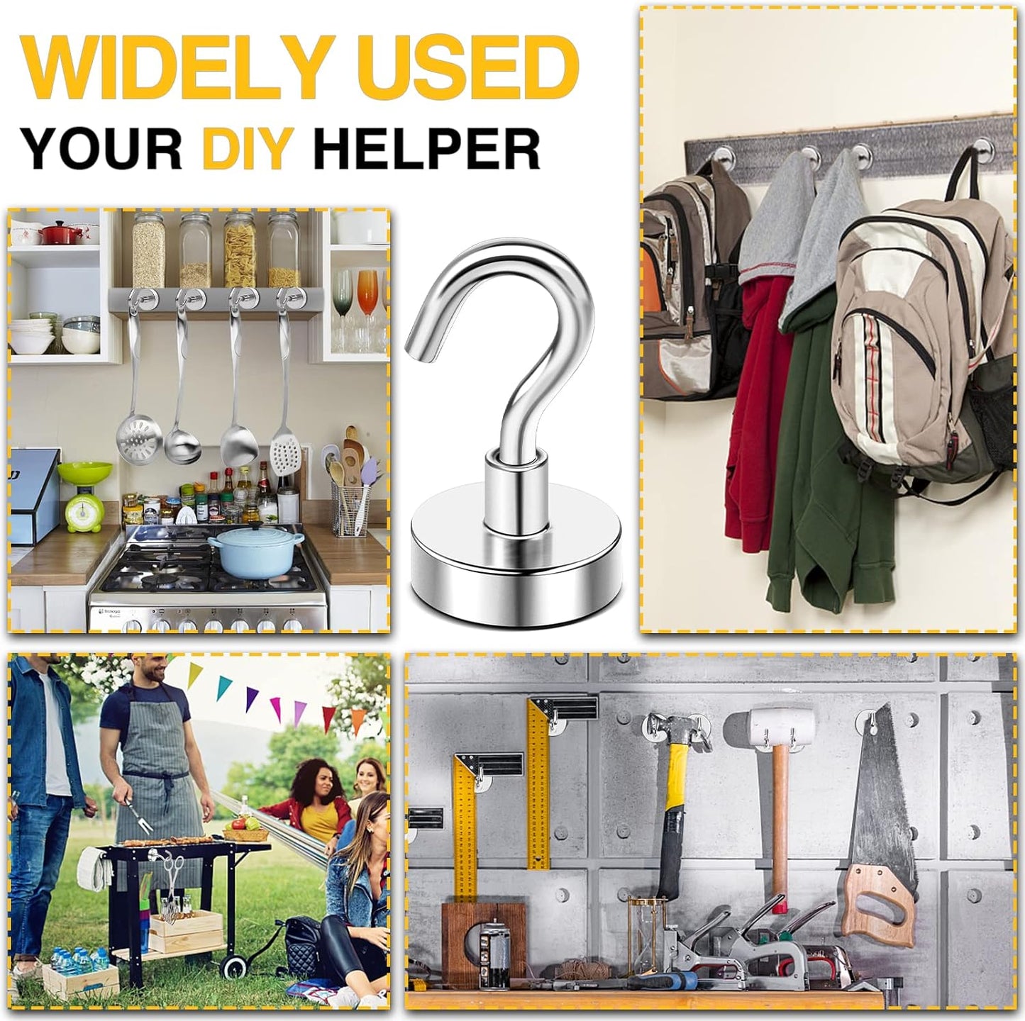 DIYMAG Hooks for Hanging String Lights, 30lbs 2025 Cruise Cabin Ship Essentials N52 Magnetic Hook Heavy Duty Strong Magnets Fridge for Classroom Beach Vacation Kitchen Grills 6 Pack Silver