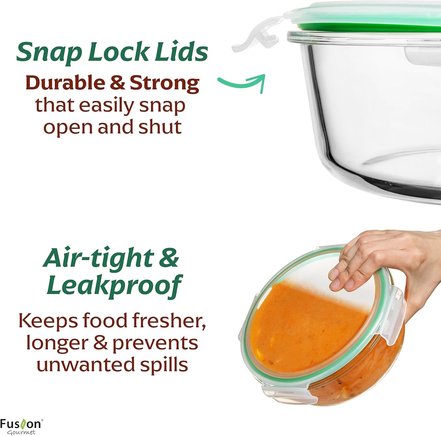 Fusion Gourmet Round Glass Storage Containers with Lids [6 pack] Microwave Safe, Leak-proof, Dishwasher Safe, Oven Safe for Meal Prep Tupperware Set (3 Large + 3 Small, Green)
