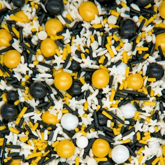 Bumble Bee Sprinkles for Cake Decorating and Baking Cookies, Cupcakes - Edible Batman Sprinkles and Bee Cake Decorations in Yellow Black White Jimmies, Nonpareils, Sugar Crystal, and Pearl Sprinkles