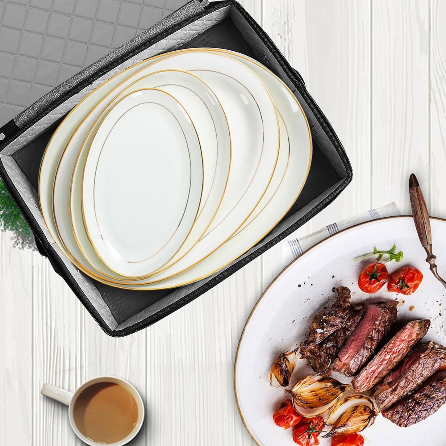 Quilted Platter Storage Case-Fine China Storage Containers Hard Shell for Organizing,Stackable Plate Storage Containers with 4 Felt Dividers,dinnerware Storage,Moving Box,Moving Supplies