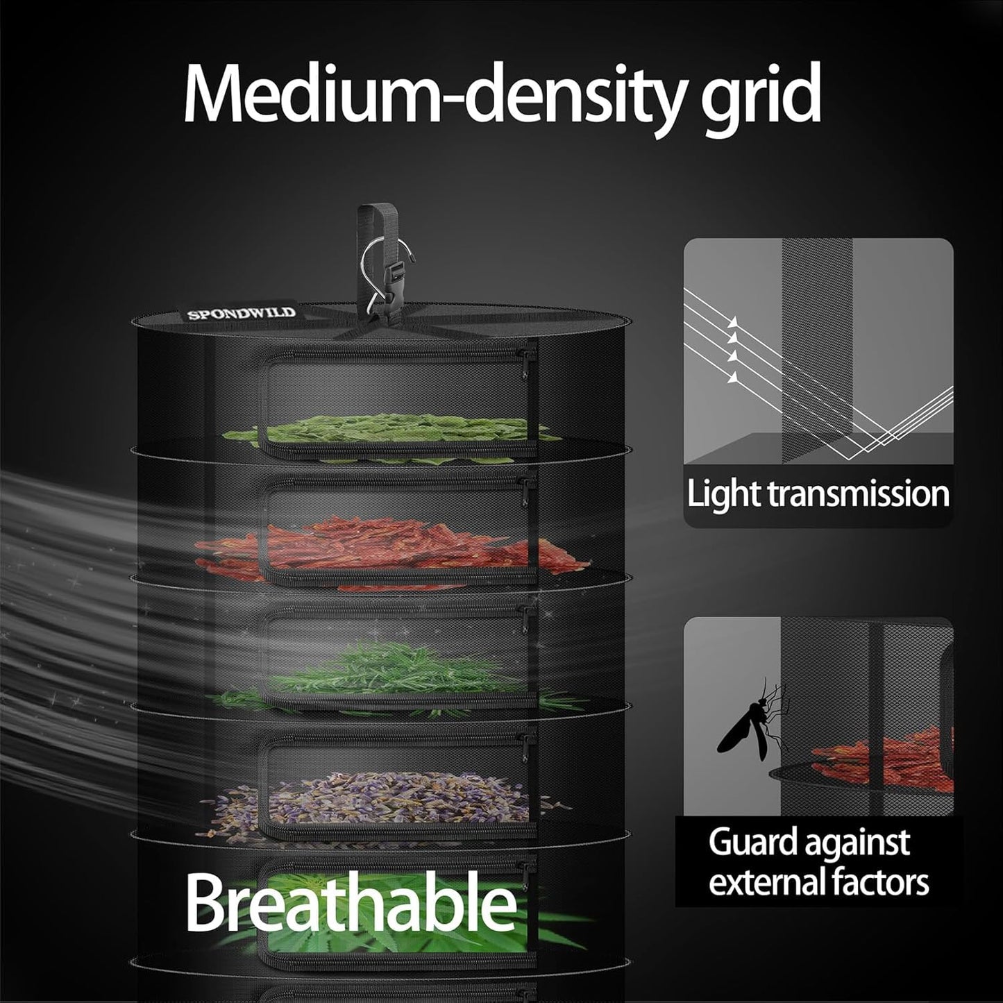 Herb Drying Rack Hanging Mesh Net，Medium 4+1 Layer Plant Drying Rack with Door-Type Zipper & Closed Storage Compartment for Folding Basket Dryer Fitting in Grow Tents,Garden Outdoor