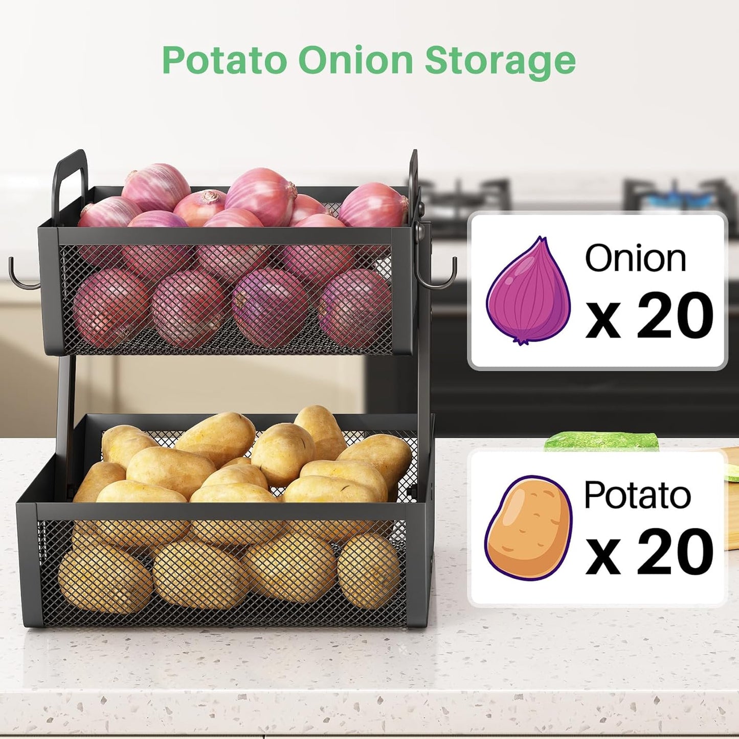 Fruit Basket Bowls For Kitchen Counter with Banana Hangers - Detachable Metal Fruit Stand with Handle - Kitchen Vegetables Bread Snacks Storage Organization, 2 Tier Black