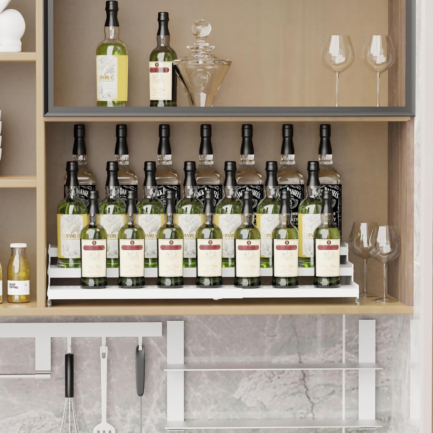 Expandable Spice Rack organizer with 3-Tier step shelf,Modern Design heavy duty,Non Skid and Visibility,Great for Kitchen Cabinet,Bathroom,dressing table,Cupboard, Pantry and more(1PACK/WHITE)