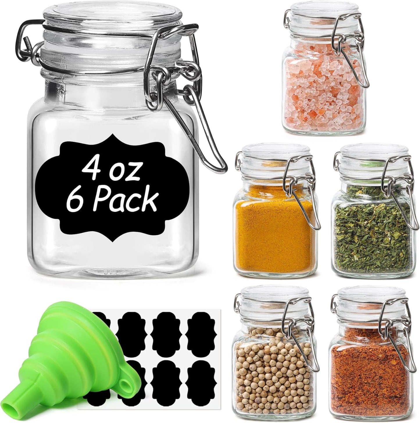 ComSaf 4 oz Glass Jars with Lid, Set of 6 Mini Airtight Glass Jars, Spice Jars, Small Mason Jar, Canning Jar Square with Seal Wire Clip Fastening, Labels & Funnels for Jam, Honey, Kitchen, Wedding