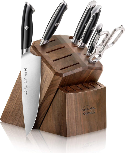 Cangshan Thomas Keller Signature Collection Swedish Powder Steel Forged, 7-Piece Knife Block Set, Walnut Block with 8 Spare Slots, Black