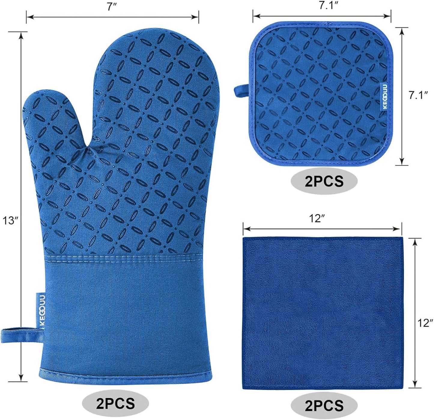 KEGOUU Oven Mitts and Pot Holders 6pcs Set, Kitchen Oven Glove High Heat Resistant 500 Degree Extra Long Oven Mitts and Potholder with Non-Slip Silicone Surface for Cooking (Royal Blue)
