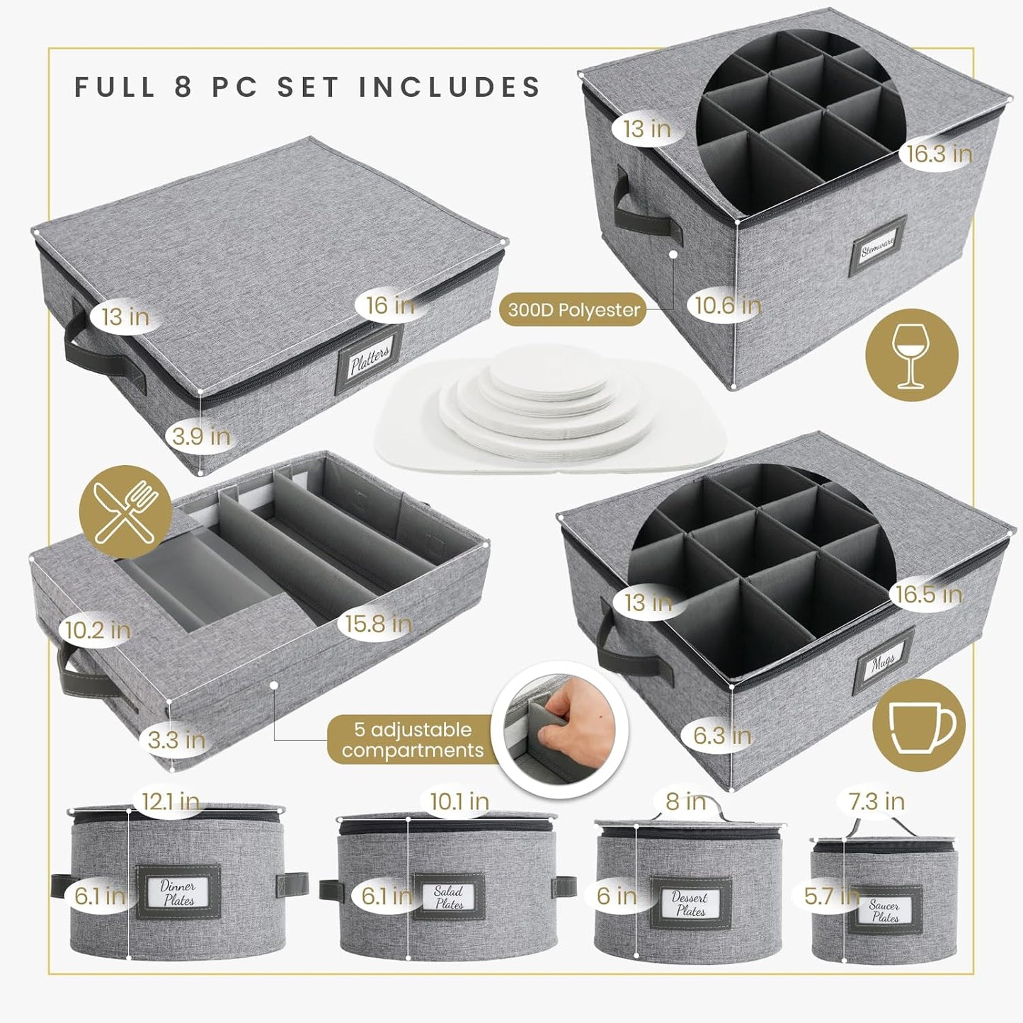 HOMELUX THEORY Dessert Plate Storage Box, 2pc Light Gray Hard Shell China Storage Containers With 24 Felt Pads, Kitchen Storage Bins With Lids, Heavy Duty Moving Box for Dishes & Dinner Plate