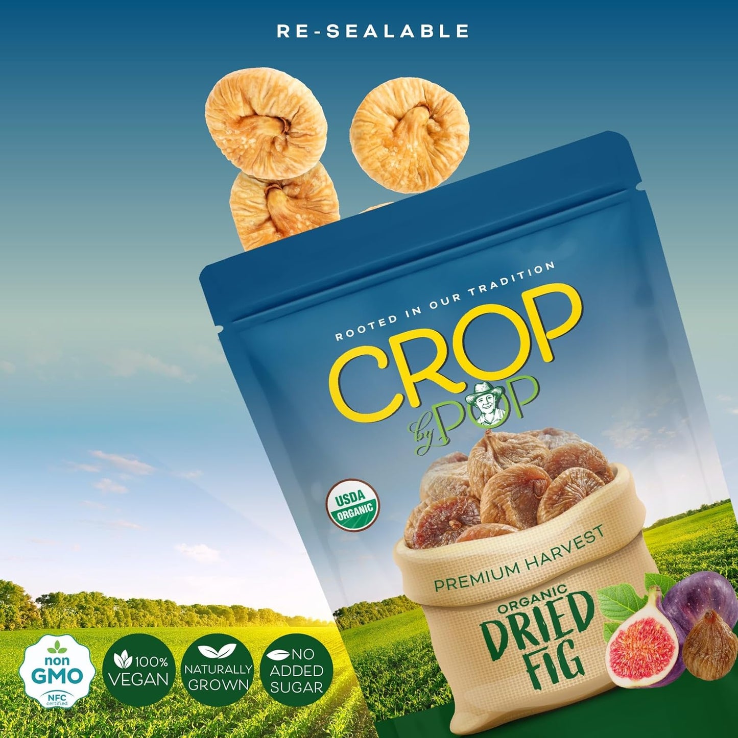 CROP BY POP - Organic Sun-Dried Turkish Smyrna White Figs (Higos, Anjeer) - No Sugar Added, Unsulphured (16oz, 1 LB) Bulk Dry Fruits Packed Fresh in Resealable Bag - USDA Organic, Non GMO, Kosher