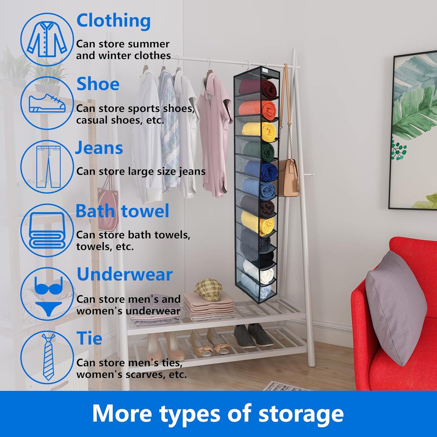 Closet Organization,12 Section,Hanging Closet Organizer,Space Saving, College Dorm Essentials for Girls, Heavy dutys Hooks Up to 45 Pounds, Clothes Storage,Closet Organizer,Grey/Black