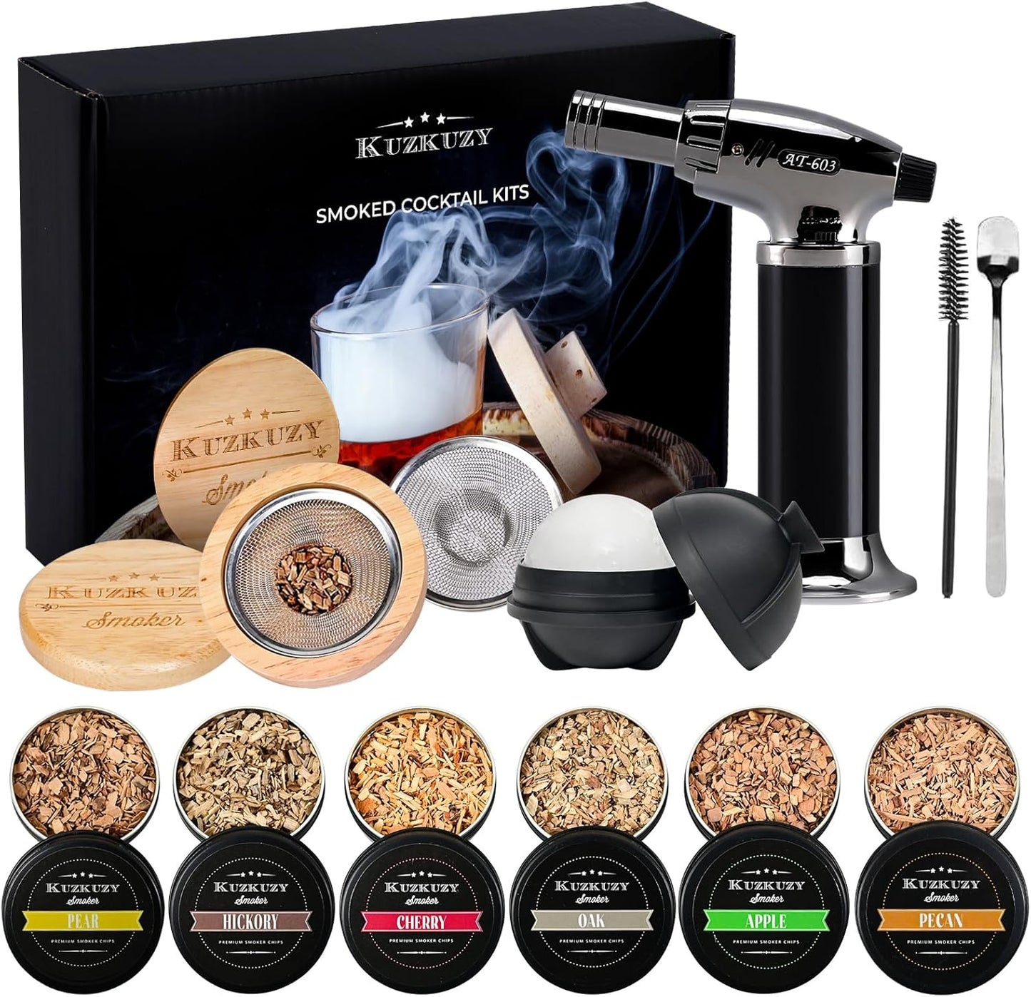 Cocktail Smoker Kit with Torch – 6 Flavors Wood Chips – Bourbon, Whiskey Smoker Infuser Kit, Old Fashioned Drink Smoker Kit, Birthday Bourbon Whiskey Gifts for Men, Dad, Husband (Without Butane)