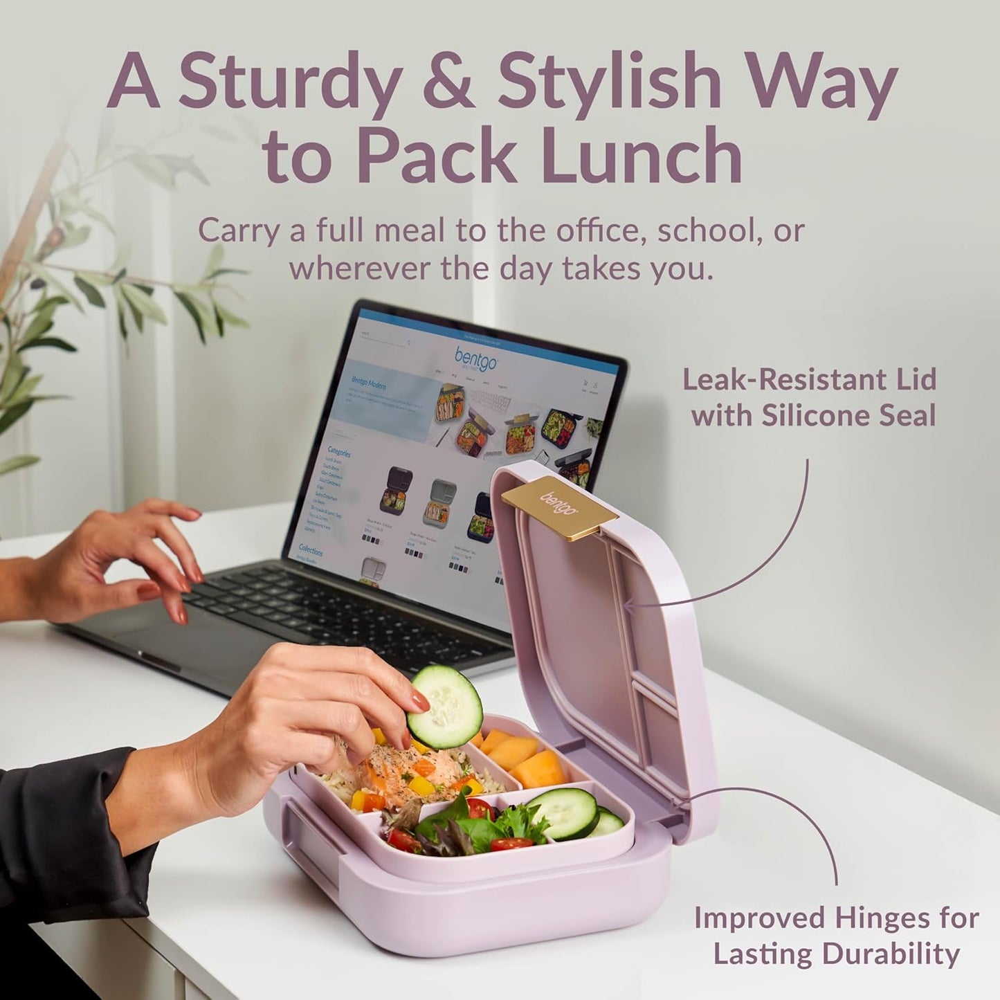 Bentgo Modern - Adult & Teen Bento Lunch Box; 3-4 Compartments, Leak-Resistant, 5.5 Cup Capacity/44 fl oz, Improved Locking Clips, Reusable, BPA-Free, Dishwasher/Microwave Safe Tray (Orchid)