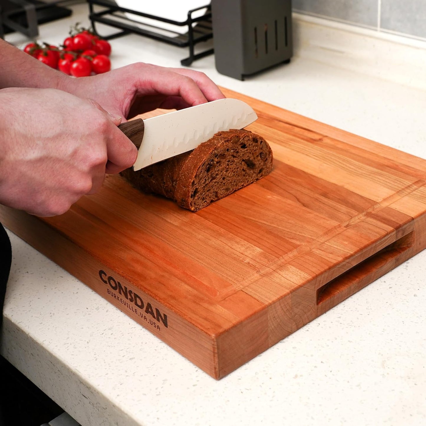 CONSDAN Wood Cutting Board for Kitchen, USA Grown Hardwood, 20 x 15, Solid Cherry Wood with Invisible Inner Handle, Prefinished with Food-Grade Oil, Suitable for Kitchen Edge Grain, 1-1/2" Thick