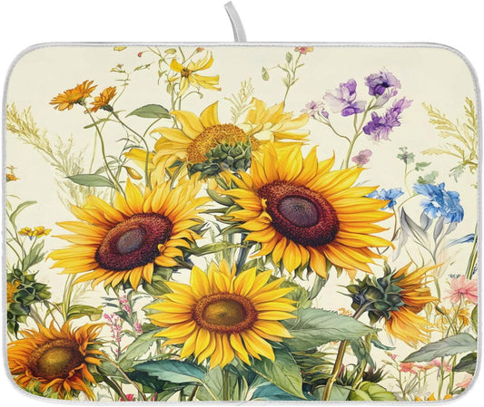 Blooming Sunflowers Dish Drying Mat for Kitchen Counter Absorbent Microfiber Small Drying Pad Dish mats for Kitchen Countertops 16 x 18 Inch