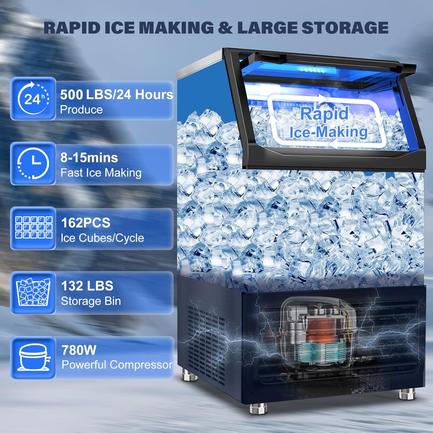Commercial Ice Maker Machine, 500 lbs/24H with 132 lbs Storage Bin, 162 Ice Cubes in 6–20 Mins, Self-Cleaning, Stainless Steel Large Undercounter/Freestanding Ice Maker for Home, Bar, Restaurant