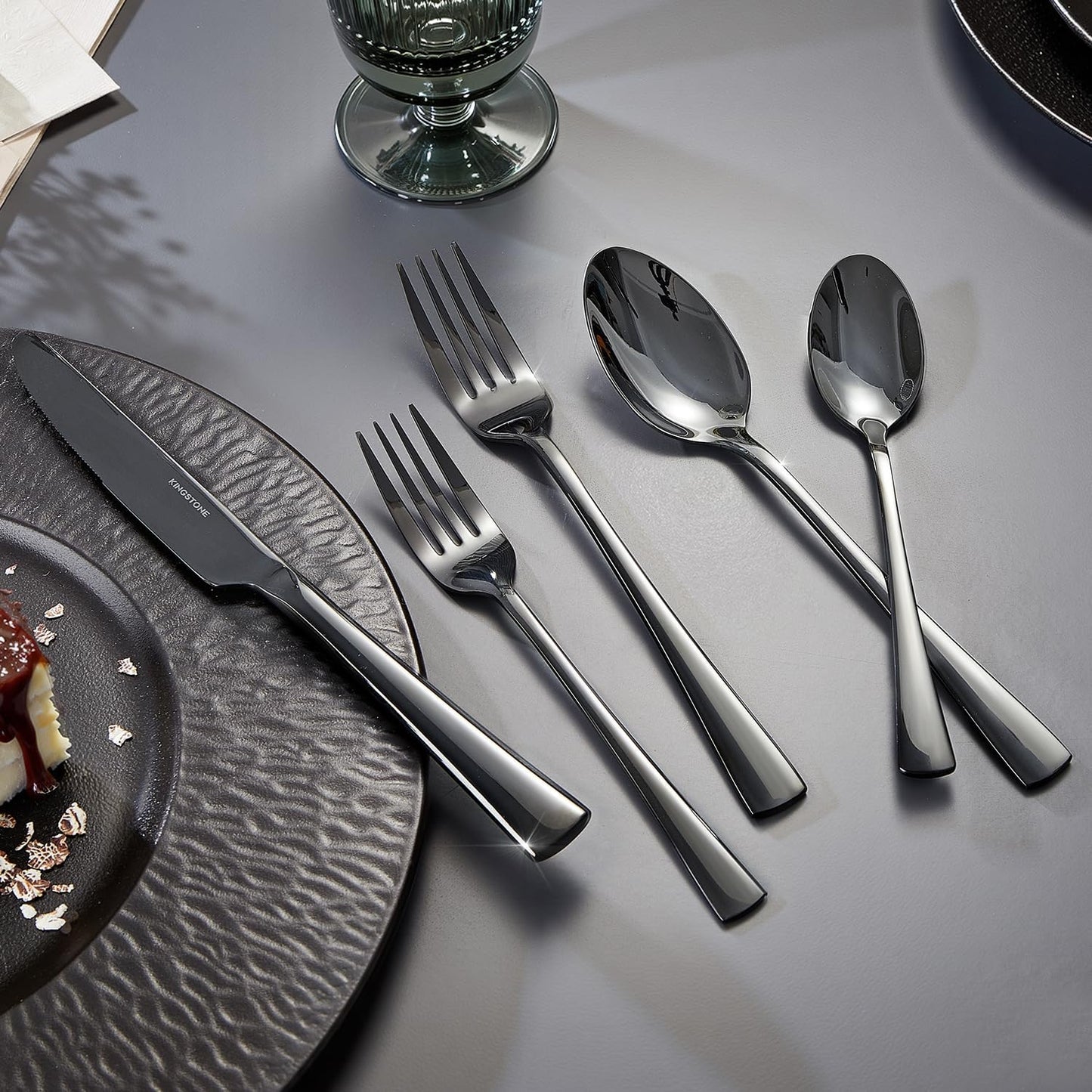 KINGSTONE Silverware Set for 8, 40-Piece Forged 18/10 Stainless Steel Flatware Set, Mirror Finish Cutlery Set Dishwasher Safe for Home, Restaurant, Wedding, Party,Black
