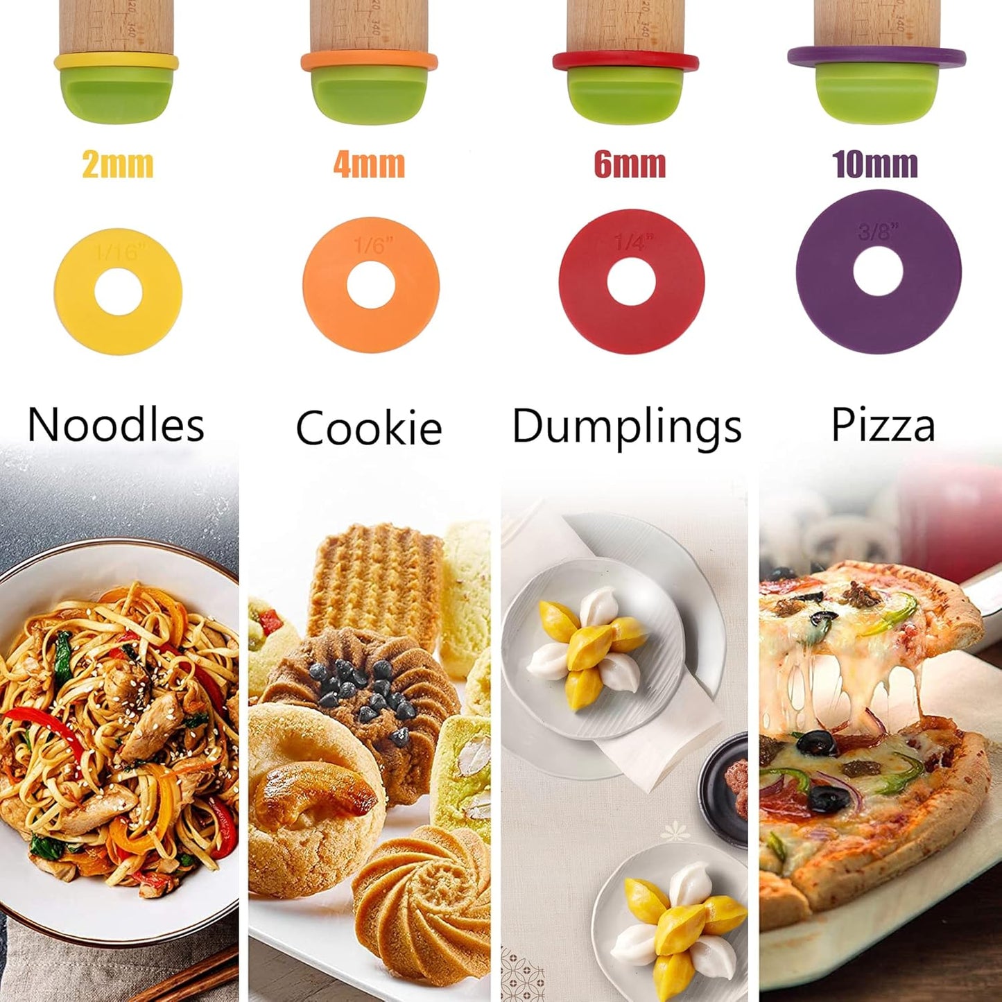 Rolling Pin with Thickness Rings for Baking,Fondant, Pizza, Pie Crust, Cookie, Pastry, Roller Rod for Dough Thickness, 13.6" Adjustable Wooden Rolling Pin with 4 Thickness Rings