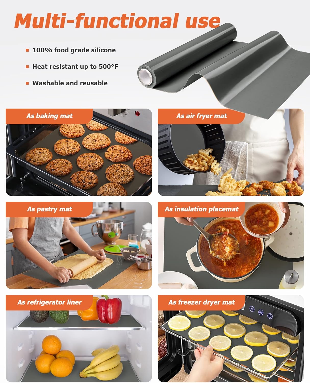 Silicone Baking Mat Roll - Best German Silicone - Non-slip Silicone Pastry Mat, Non-Stick Reusable Air Fryer Linner, Counter Mat, Oven Liner, Freeze Dryer Mat - 12IN x 10.7FT
