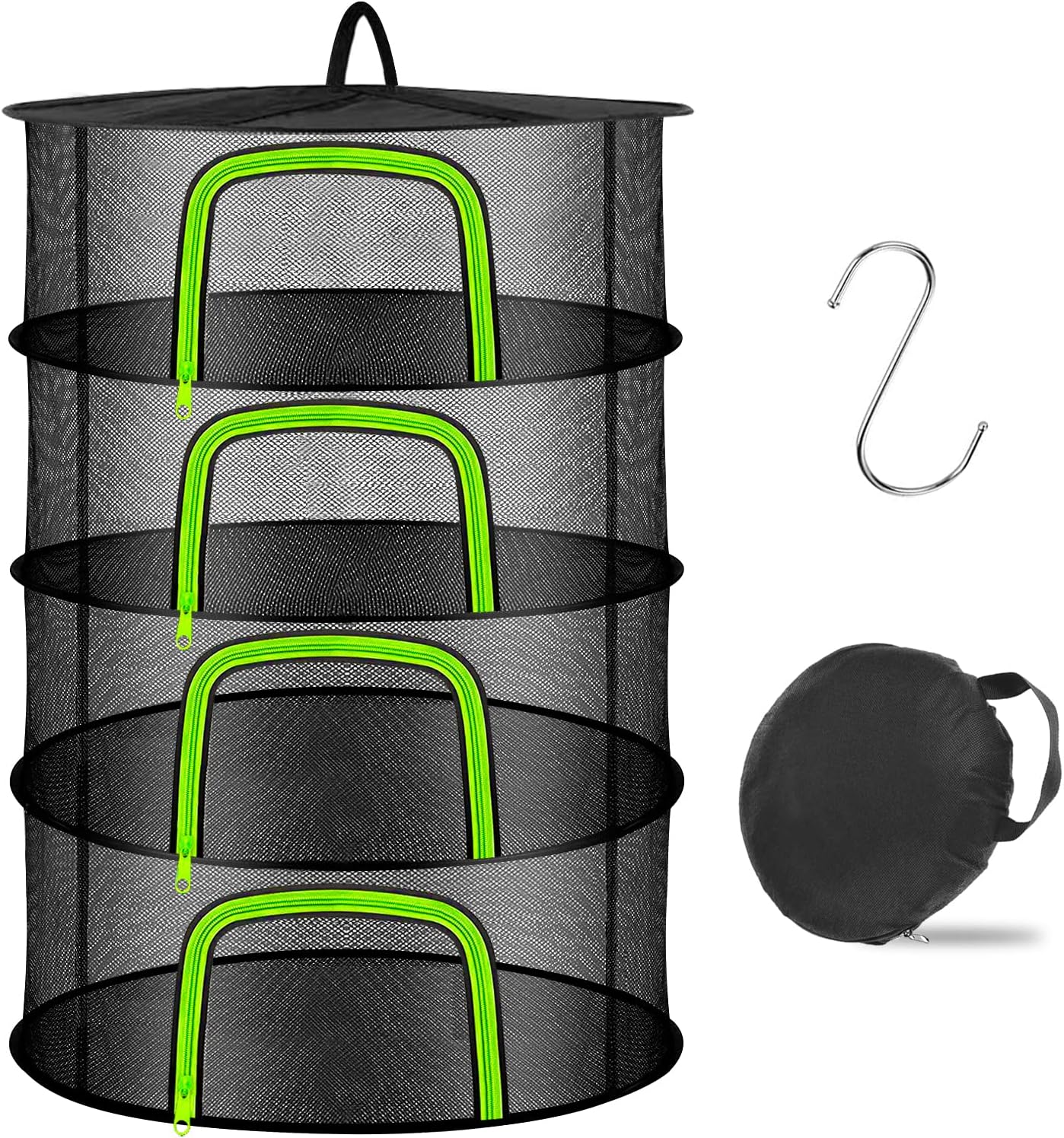 Coopache 4 Layer Herb Drying Rack Hanging Mesh Plant Dry Net Basket for Herbs Plants Flower Vegetables Spices Fish Food with Green Zippers